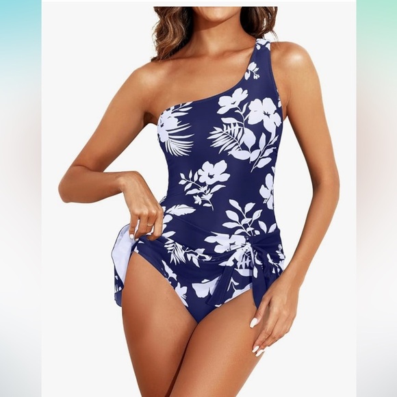 NWT Navy Blue and White Floral One Piece Swimsuit Dress XXL Tummy Control - Picture 4 of 10
